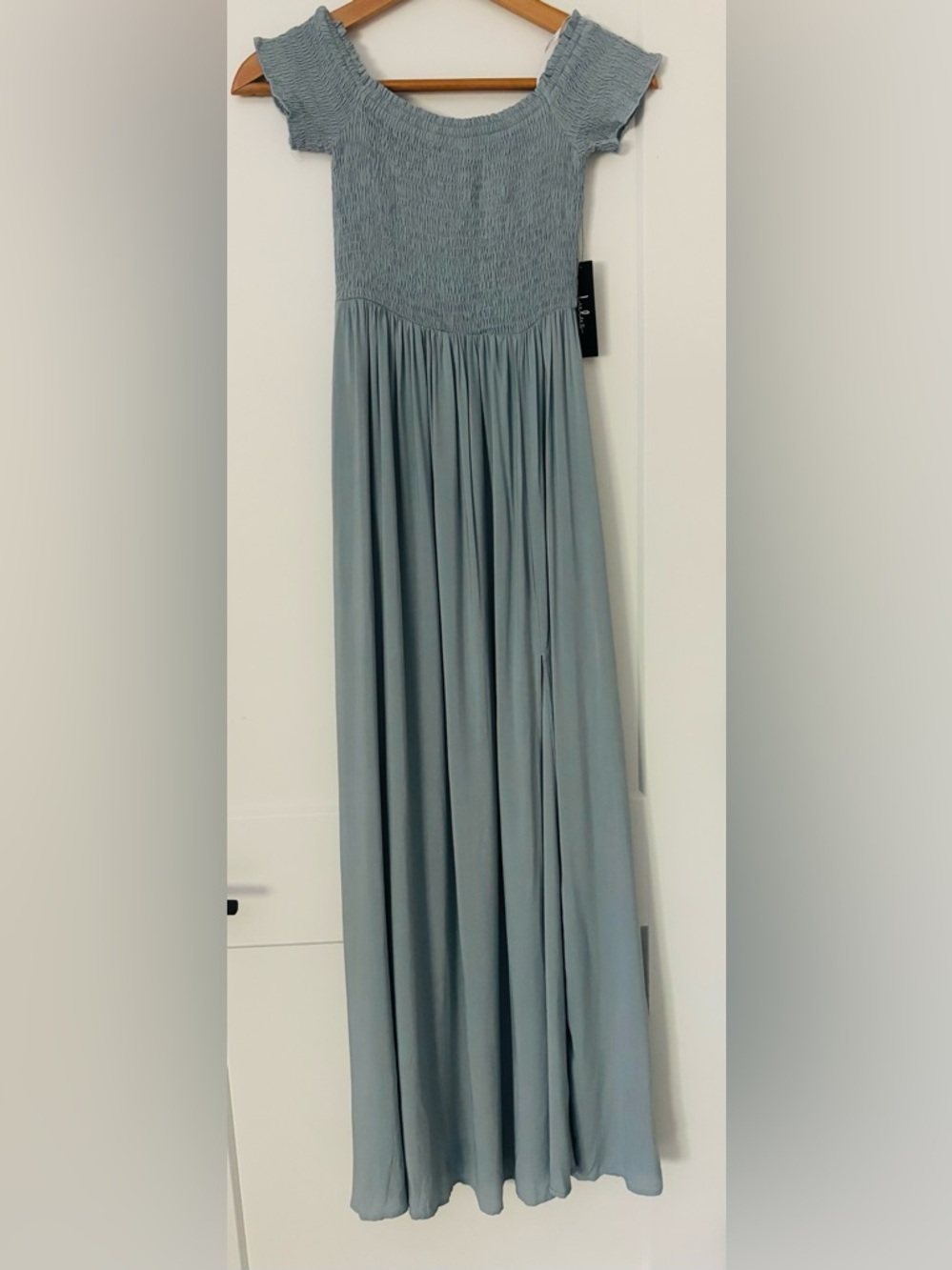 🔵 Lulus Patsy Sage Blue Off the Shoulder Dress